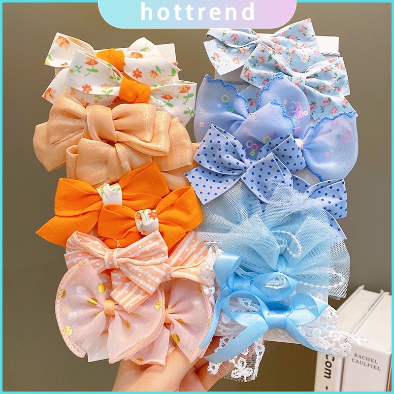 Bộ 10 Dây Buộc Tóc Cao Su Co Giãn Đính Nơ Hoa Dễ Thương Phong Cách Hàn Quốc Cho Bé Gái
