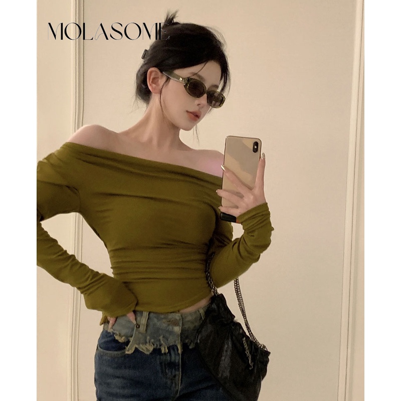 Polaroisome Áo Thun Tay Dài Hở Vai Màu Trơn Thời Trang Mới 2023 Dành Cho Bạn Nữ