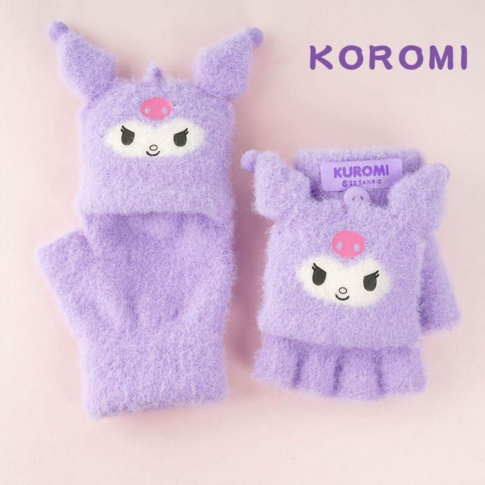 Găng Tay Len Dệt Kim Hoạt Hình Dễ Thương Chống Gió Có Dây Treo Kuromi Cho Trẻ Em