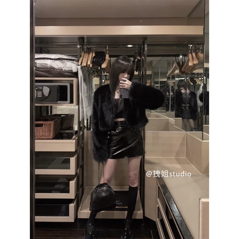 Áo Khoác Lông Ngắn Màu Đen Tay Dài Thời Trang Thu Đông Dành Cho Nữ