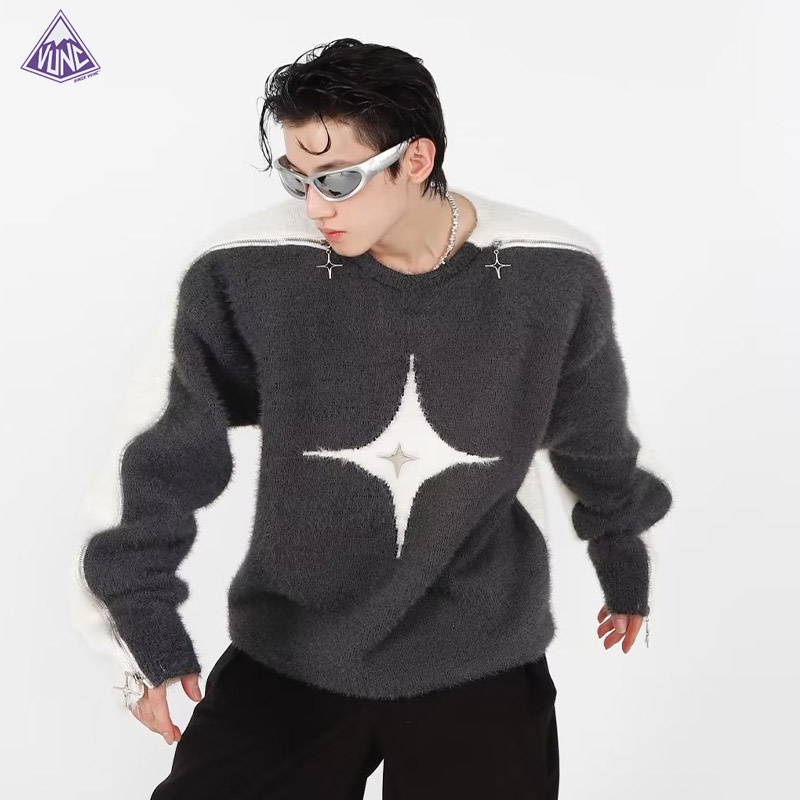 Vunc Áo Sweater Dệt Kim Dáng Rộng Phối Màu Tương Phản Thời Trang Đường Phố Mỹ Đơn Giản Dễ Phối Đồ Cho Nam