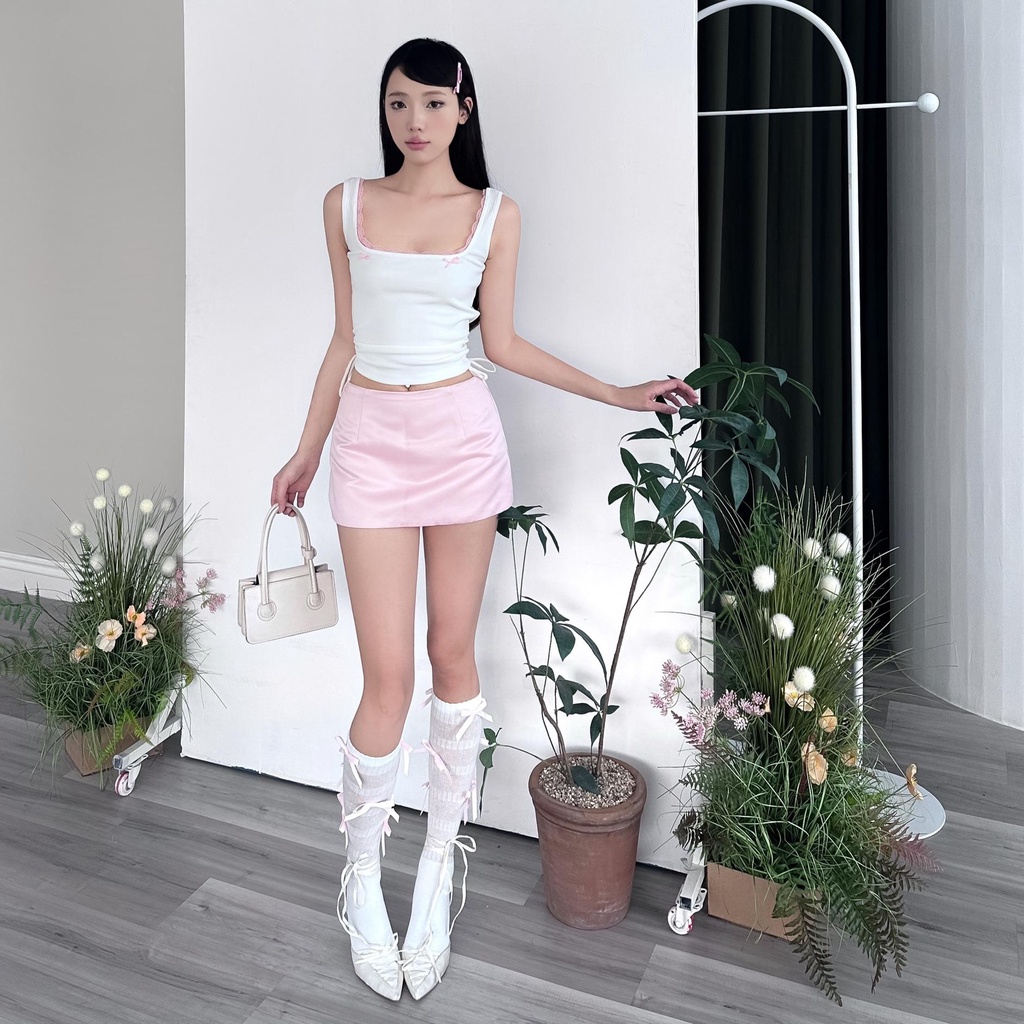 Áo croptop thun 2 dây chiết eo phối ren MONÁ - SODA
