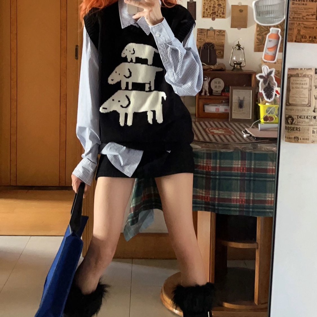 Set Áo Len Không Tay + Áo Sơ Mi Kẻ Sọc Dài Tay + Áo Khoác Ghi Lê Thời Trang Nữ