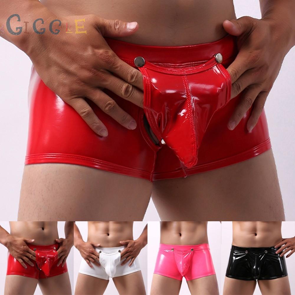 Men's Sexy Trunks Boxer Briefs Shorts Faux Leather Wet Look Underwear M L XL 2XL