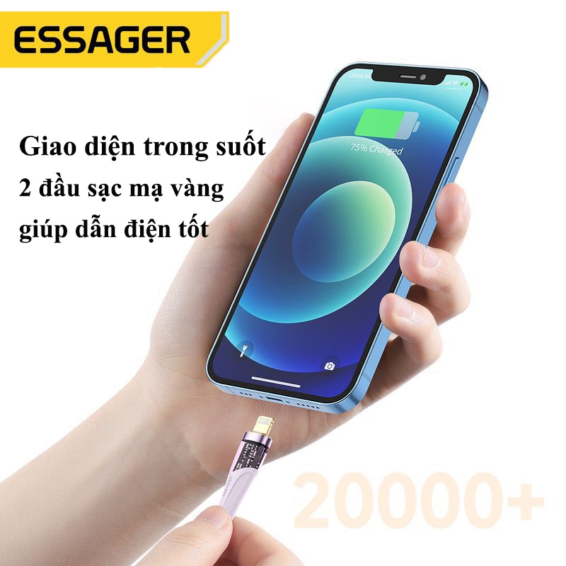 Cáp sạc nhanh Essager dài 2m, cổng Type C - Type C, Type C - L, dùng cho samsung, iP15, Xiaomi, Macbook, Oppo