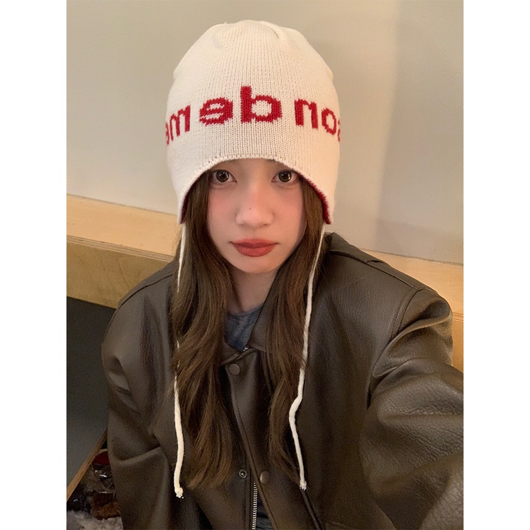 Niche Mũ Len Trùm Tai Giữ Ấm In Chữ Phong Cách Đường Phố Hàn Quốc Cho Cặp Đôi