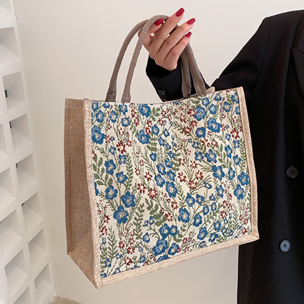 1 Túi Xách Vải Lanh Dáng Vuông Nhỏ Họa Tiết Hoa Phong Cách retro Cho Nữ