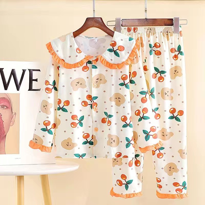 Bộ Đồ Ngủ 2 Món Gồm Áo Tay Dài Cổ Búp Bê Hoạt Hình + Quần Dài Cho Bé Gái