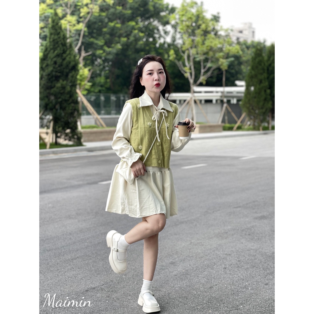 Set 3 chi tiết áo gile hoa váy sơ mi bèo kèm túi hàng QC