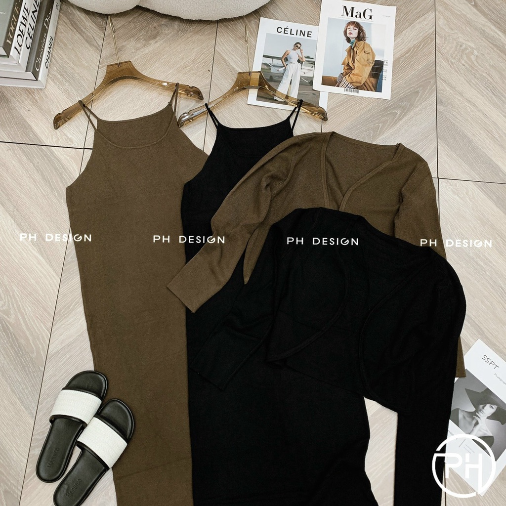 Set váy len 2 dây kèm áo cardigan chất siêu đẹp hàng QC