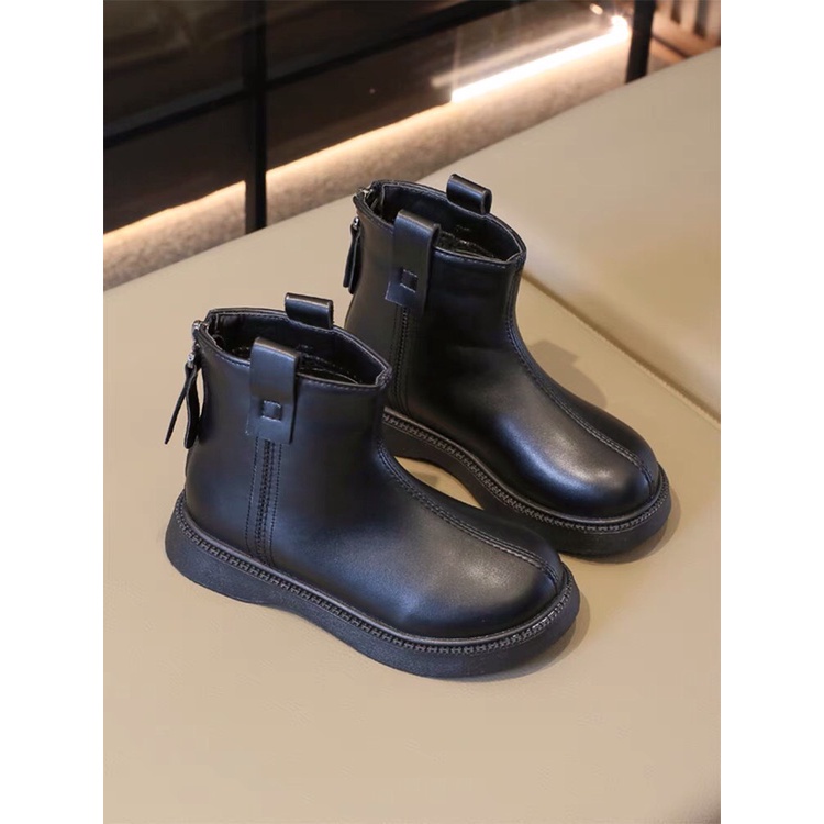 Giày bốt đơn giản có điểm nhấn đường may có da PU lì cho bé gái- Giày boots siêu nhẹ cho bé cổ cao êm chân khóa kéo 6992