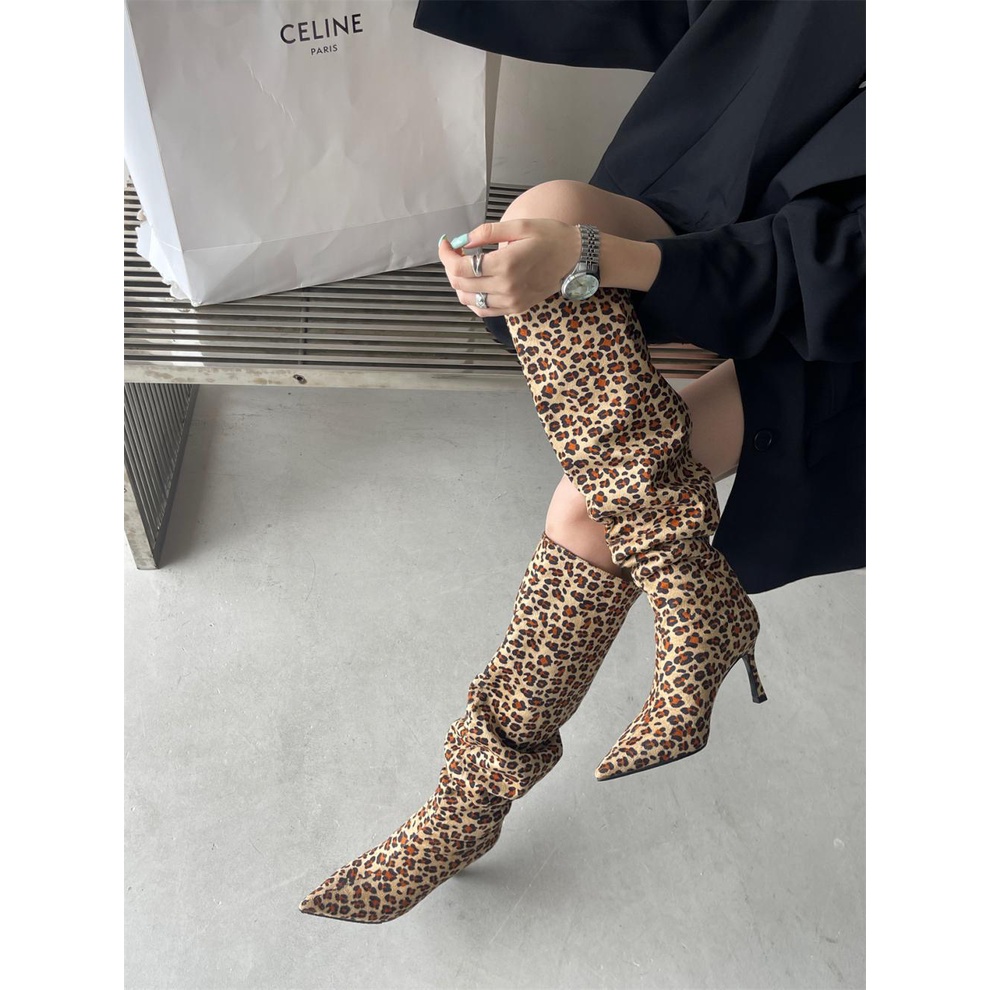 Giày Bốt Cao Gót Mũi Nhọn Họa Tiết Da Báo Thời Trang Âu Mỹ 2023