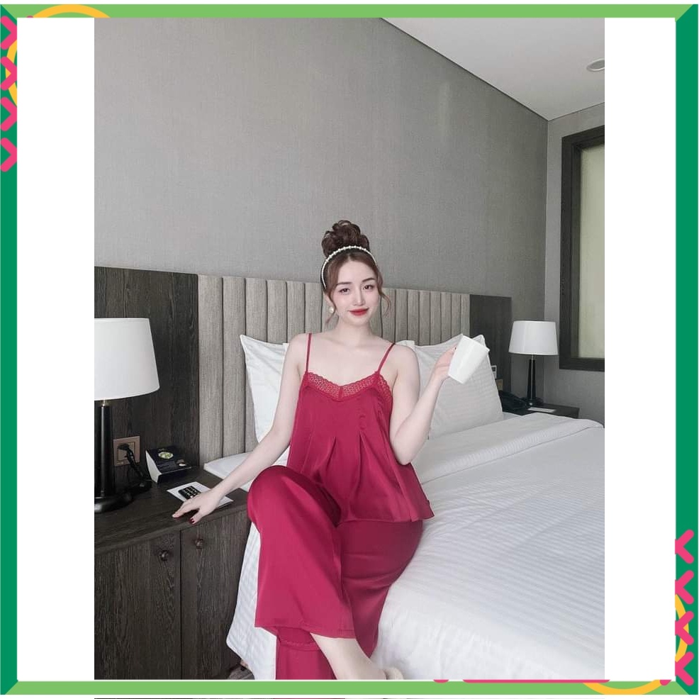 Đồ bộ nữ đồ mặc nhà 2 dây, đồ bộ ngủ nữ 2 dây quần dài satin dưới 55kg - CN16