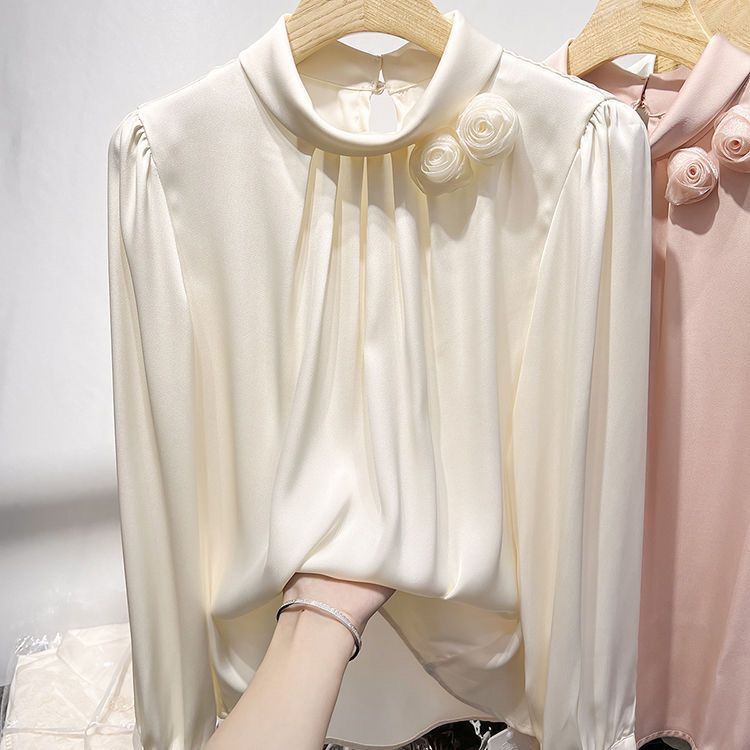 Áo Sơ Mi Cổ Đứng Màu Trơn Họa Tiết Hoa Ba Chiều Cho Nữ