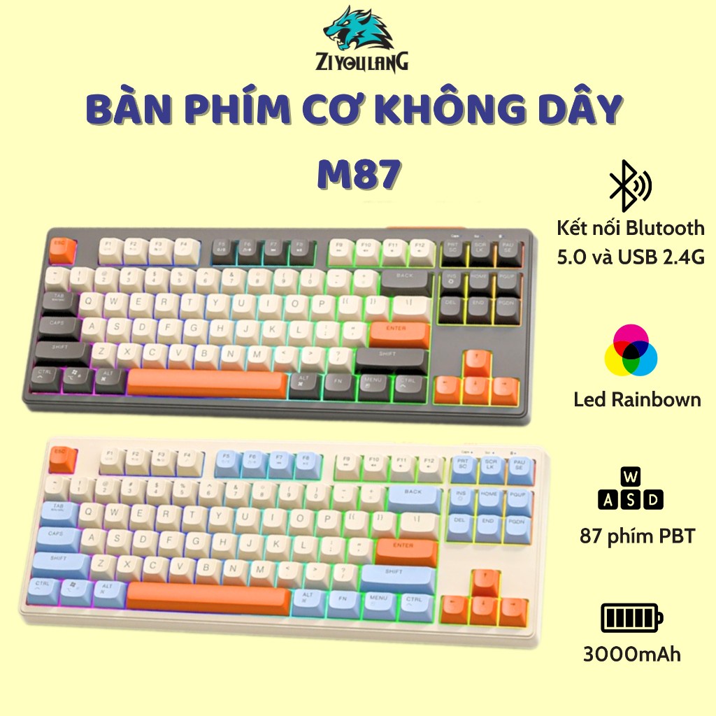 Bàn Phím Không Dây Bluetooth M87 - Led Rainbow - Pin Sạc - Phím PBT Cao Cấp - Tương Thích Máy Tính, Laptop, Ipad