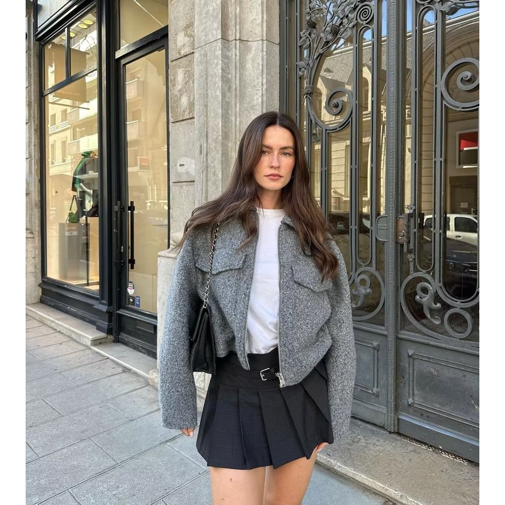 Zara Áo Khoác Len Tay Dài Dáng Rộng Phối Túi Lớn Thời Trang Thu Đông Cho Nữ 3046273