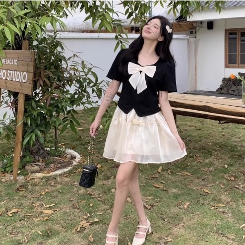 🌸Hàng Order🌸Váy Đầm Bigsize Nơ Ngực Phối Chân Váy Voan Tầng Đính Nơ Tiểu Thư Nữ Tính🌸Hàng Quảng Châu