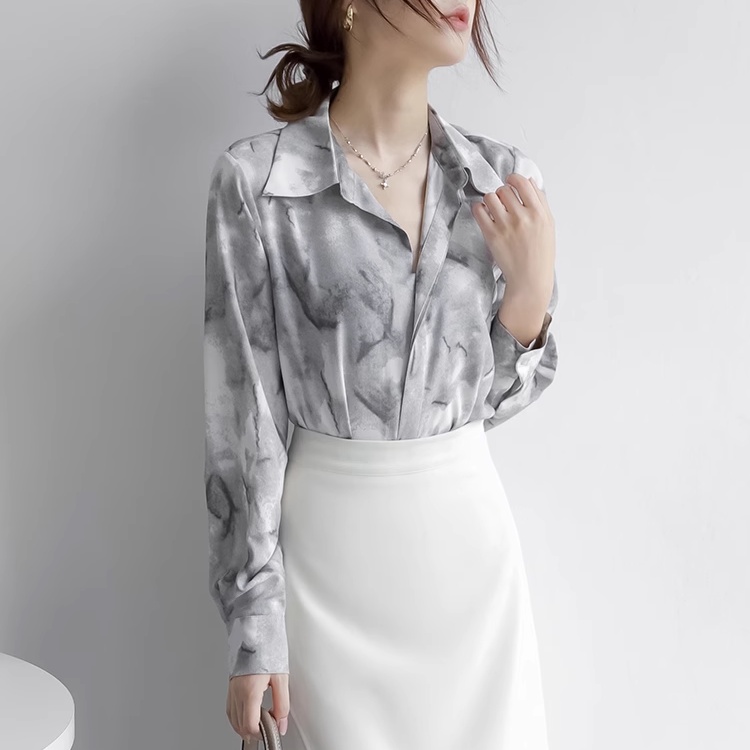 Áo Sơ Mi BH Tay Dài Vải satin In Họa Tiết Phong Cách Hàn Quốc Cho Nữ