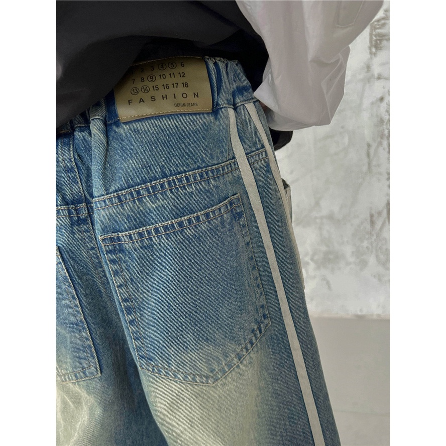 Quần jean ống suông bé trai SIZE ĐẠI QB641 size 90-160 màu xanh mài sọc bên, thời trang trẻ em thu đông 2023