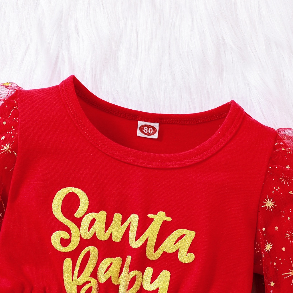 Đầm Tay Phồng In Chữ Tiếng Anh Họa Tiết Giáng Sinh Thời Trang Cho Bé Gái