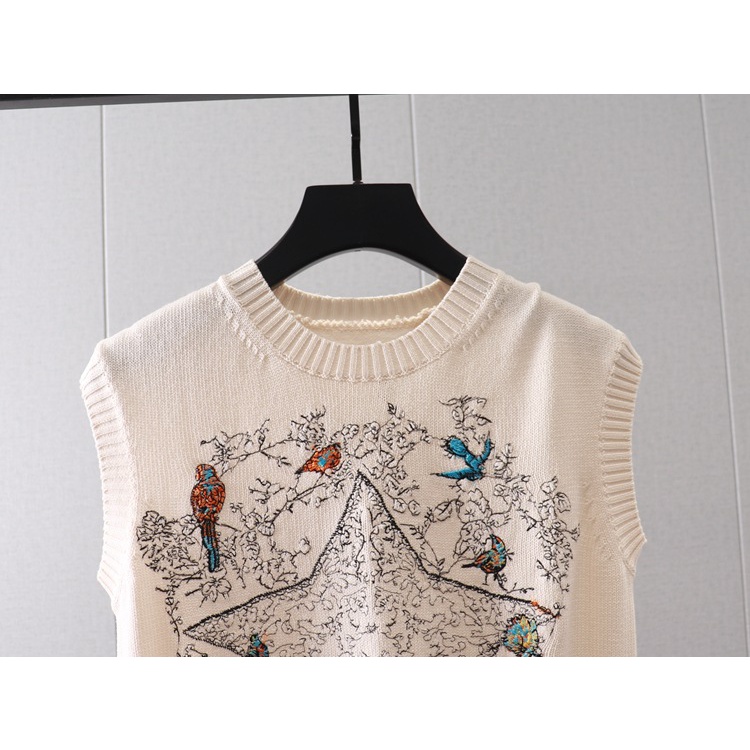 ESIG DIOR 2023 Summer new heavy industry embroidery flower and bird romantic five-pointed star pattern round neck pullover sleeveless knitted vest