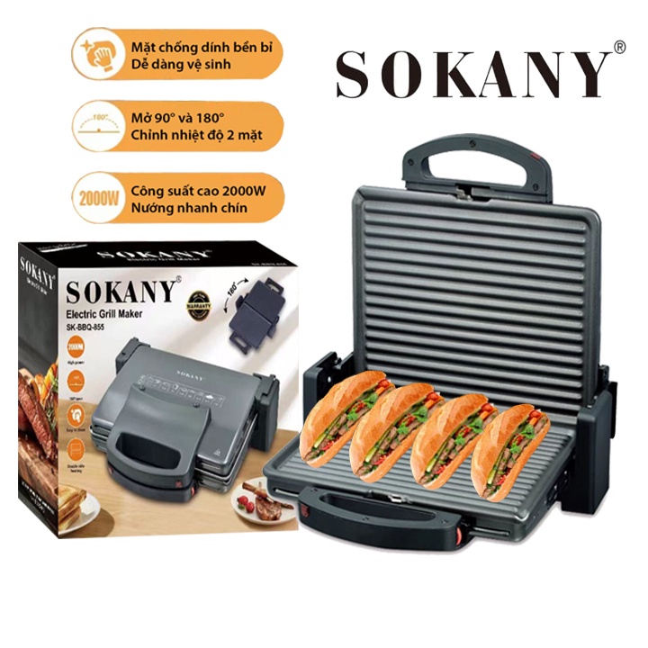 Máy kẹp nướng bánh mì, ép bánh mỳ Sokany SK-855 2000W Hàng chính hãng [BH 12 Tháng