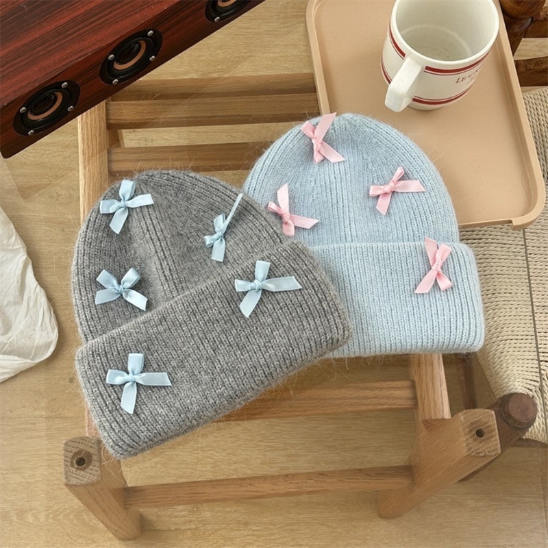 Mũ Beanie Đính Nơ Co Giãn Chống Gió Giữ Ấm Tai Thời Tiết Lạnh Đáng Yêu Cho Nữ