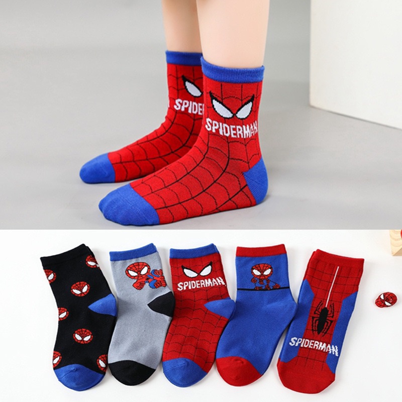 Set 5 đôi tất cotton cổ cao siêu nhân nhện bé trai , gái sợi bông mềm mại thoáng khi khử mùi te10