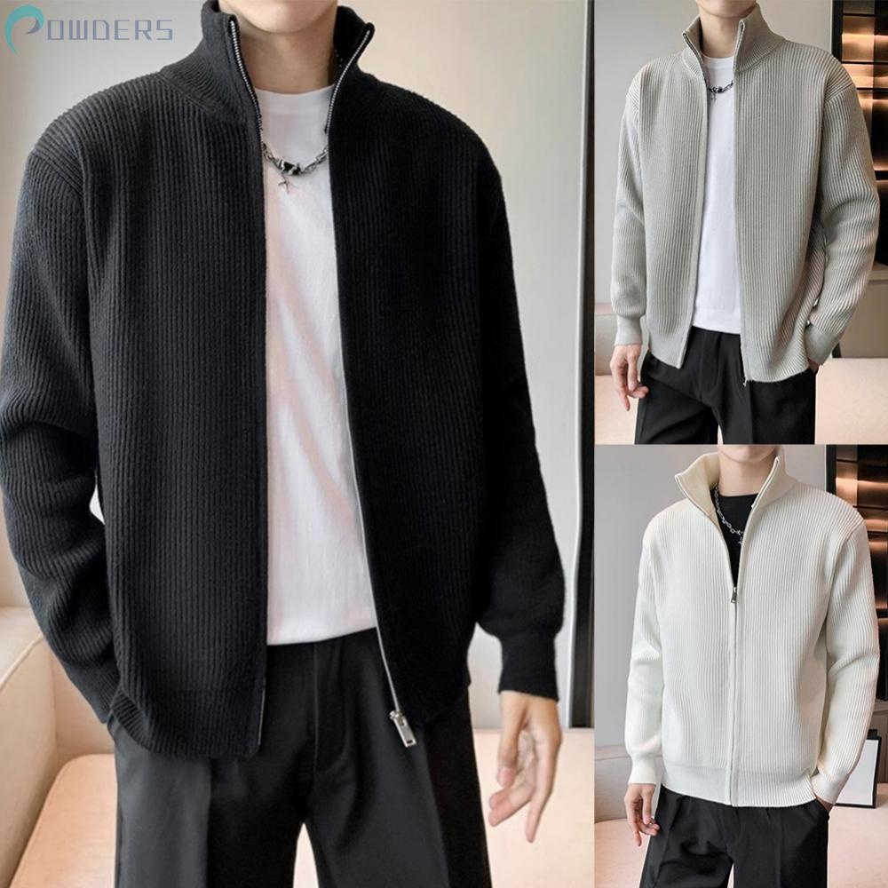Mens Fleece Lined Knitted Jacket Zip Up Thick Warm Chunky Cardigan Long Coats