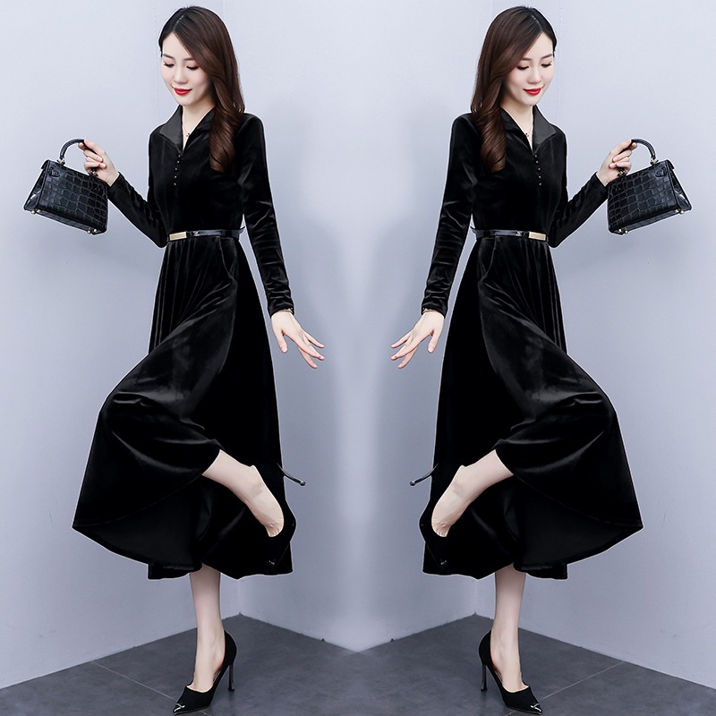 Đầm Tay Dài Có Túi Chất Liệu Nhung Màu Vàng Thời Trang Mùa Thu Cho Nữ