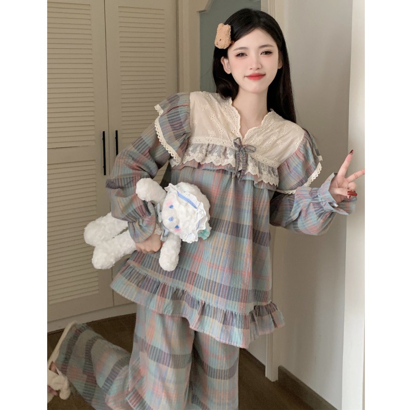 BN166_ Bộ ngủ nữ, bộ đồ pijama cổ phối ren kẻ ngang chất cotton  | Hàng quảng châu cao cấp