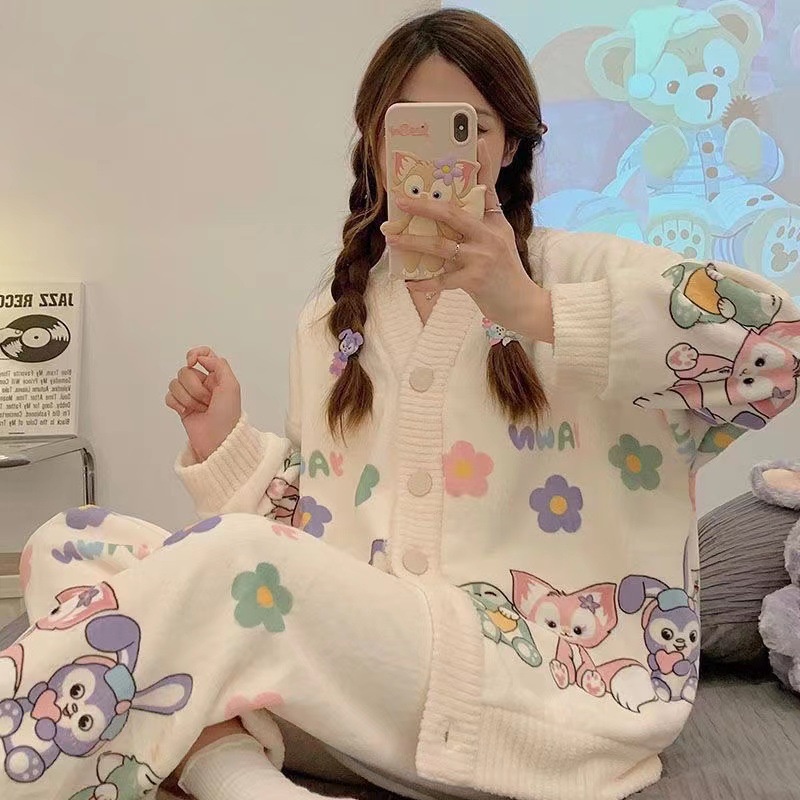 Bộ đồ ngủ HUIZUMEI chất liệu nhung san hô dày dặn họa tiết hoạt hình dễ thương cho nữ