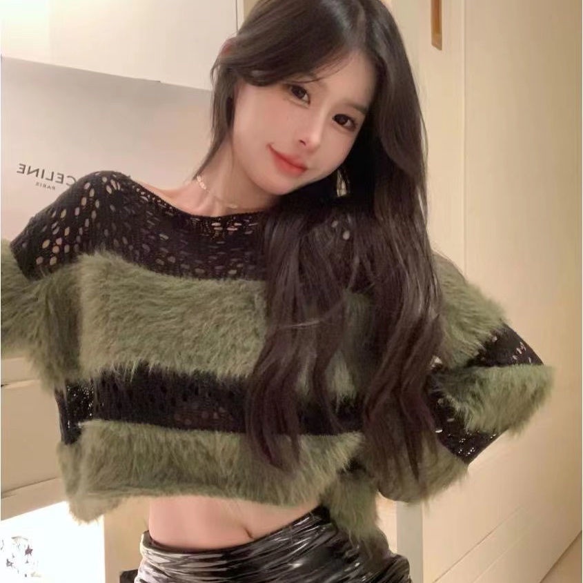 Milyfashion Áo sweater Ngắn Mềm Mại Họa Tiết Kẻ Sọc Rỗng Phối Tua Rua Thời Trang Mùa Thu Phong Cách Mới Cho Nữ