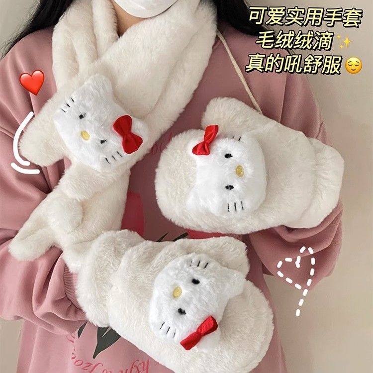SANRIO  Găng Tay cotton Che Phủ Toàn Diện Họa Tiết Hoạt Hình hellokitty Dễ Thương Mùa Đông Quà Tặng Cho Bạn Gái / Bé Gái Khăn Quàng Cổ Khăn Quàng