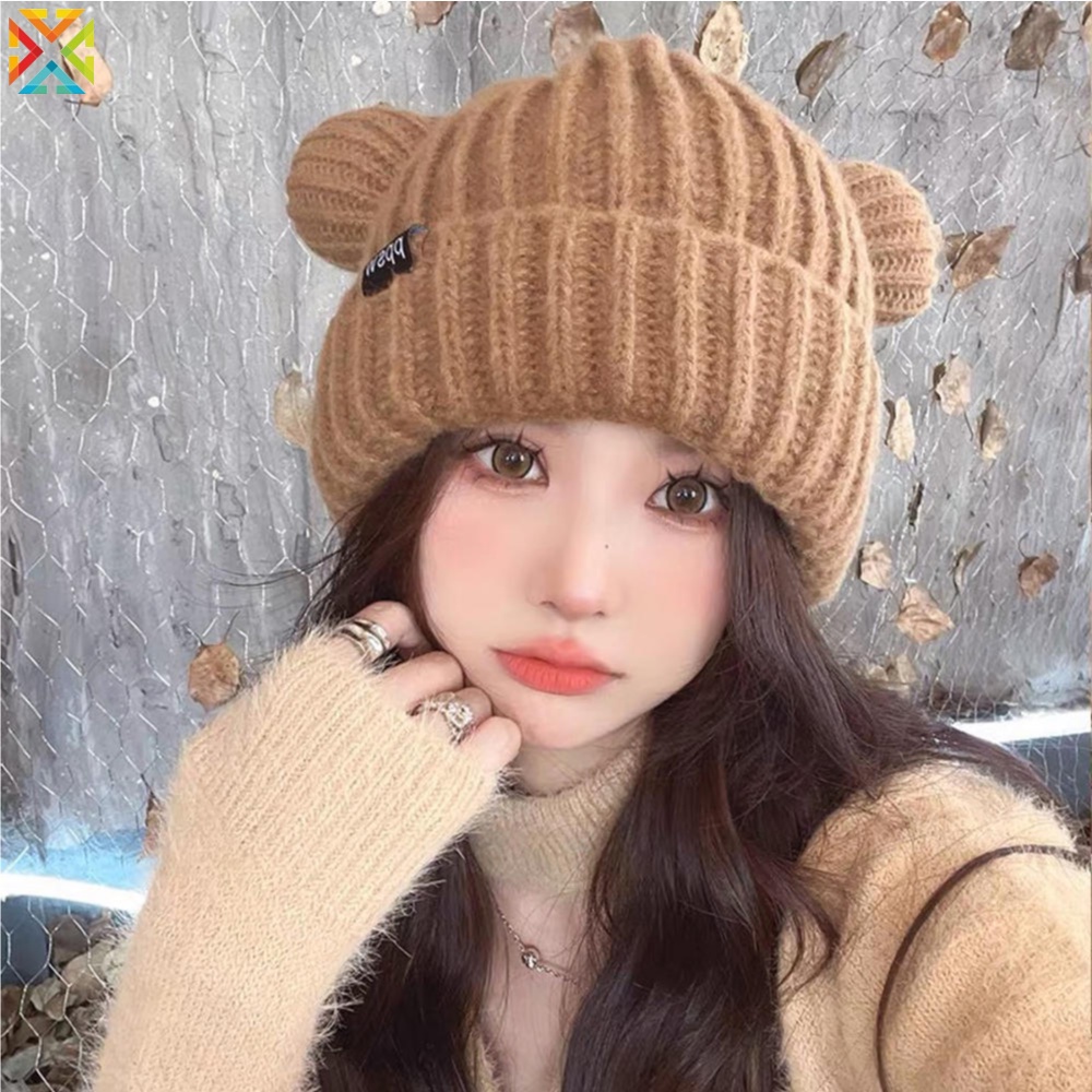 Mũ Len Dày Dặn Mềm Mại Đính Tai Gấu Bông Phong Cách harajuku Hàn Quốc Dễ Thương y2k