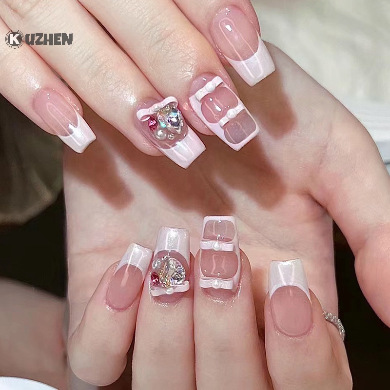 Kuzhen Set 10 Phụ Kiện Trang Trí Móng Tay Nghệ Thuật Bằng Hợp Kim Hình Nơ Thắt Nơ Màu Hồng Đen Trắng Đính Đá diy