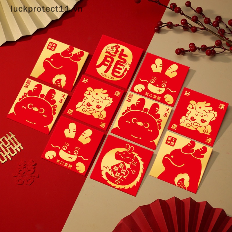 Set 6 Bao Lì Xì Hình Rồng Đỏ Hoạt Hình Trung Hoa Dành Cho Năm Mới 2024