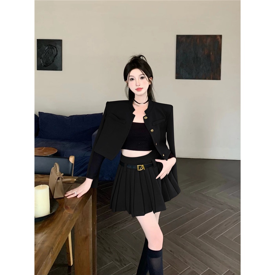 Bộ Áo Khoác Dài Tay 2 Dây + Chân Váy Xếp Ly Thời Trang Nữ Tính