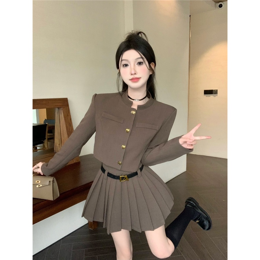 Bộ Áo Khoác Dài Tay 2 Dây + Chân Váy Xếp Ly Thời Trang Nữ Tính