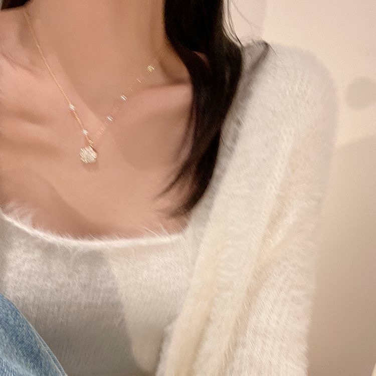 Thời Trang Dây Chuyền Mạ Vàng Mặt Hoa Trà Đính Hạt Giả Ngọc Trai