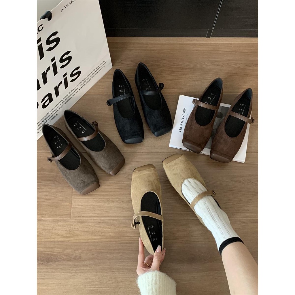 Giày Búp Bê mary jane Da Lộn Mũi Vuông Thời Trang Thu Đông 2023 Phong Cách Pháp Cho Nữ