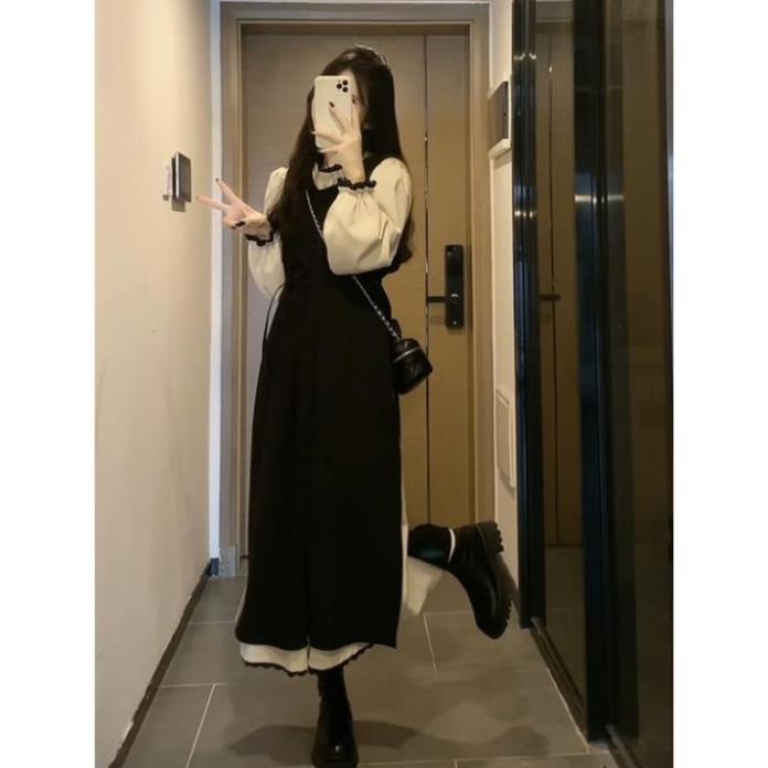 Váy Đầm Tay Trắng Thu Đông Màu Đen Dài Tay Phồng - Váy Thiết Kế Hàng Quảng Châu Cao Cấp V134
