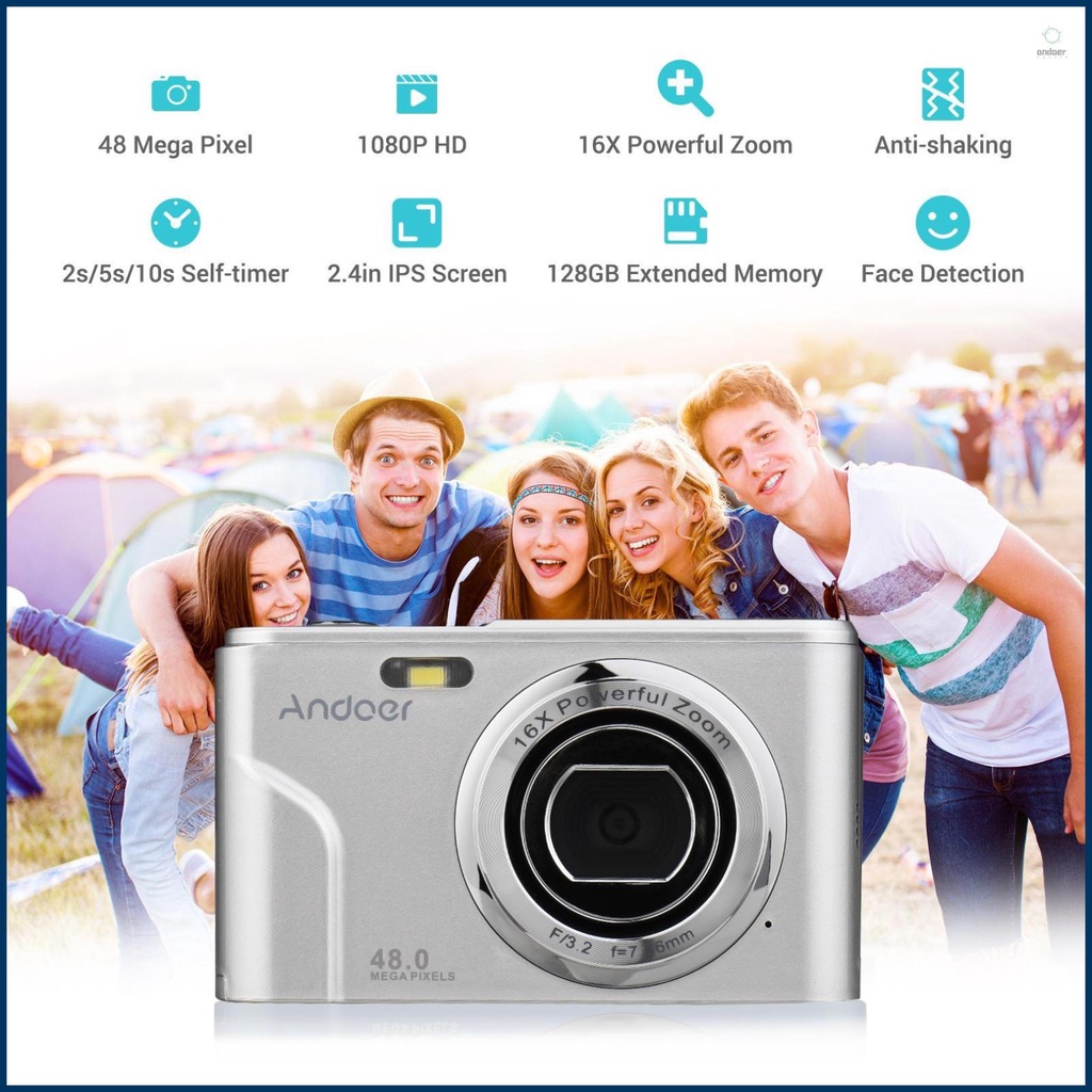 Andoer-2 Digital Camera 48MP 1080P 2.4-inch IPS Screen 16X Zoom Auto Focus Self-Timer 128GB Extended Memory Face Detection Anti-shaking with 2pcs Batteries Hand Strap Carry Pouch