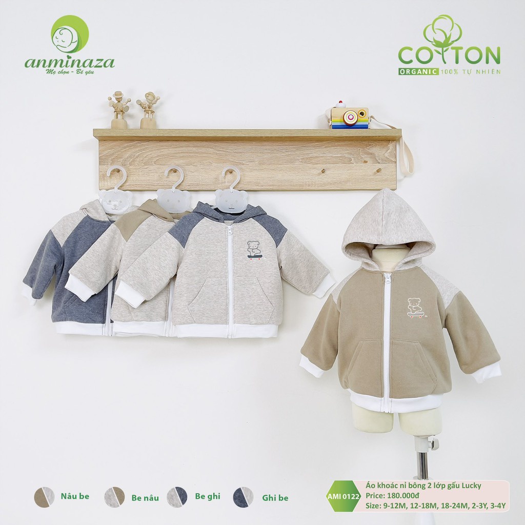 Áo khoác Anminaza nỉ bông 2 lớp cho bé trai bé gái