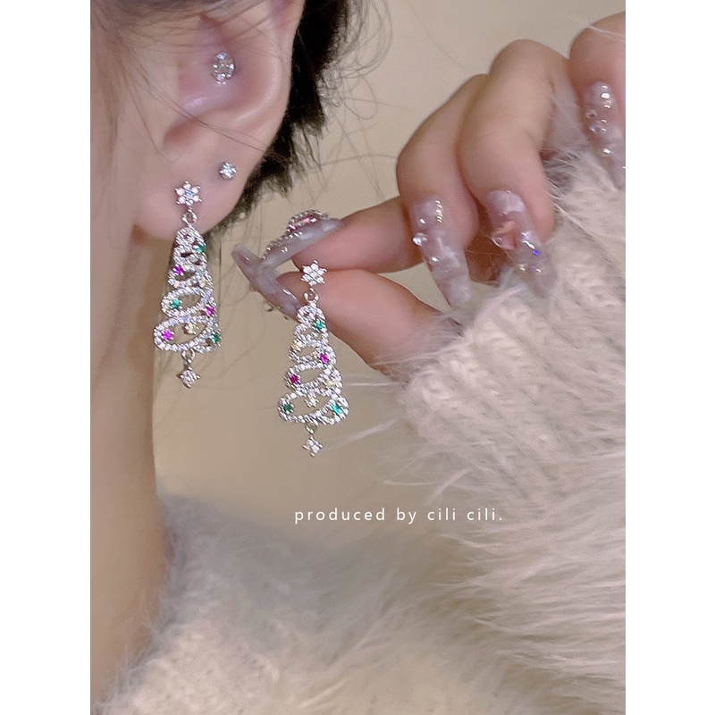 Bông Tai Hình Cây Thông Giáng Sinh Đính Đá zircon Nhiều Màu Sắc Siêu Lấp Lánh Thời Trang Thu Đông