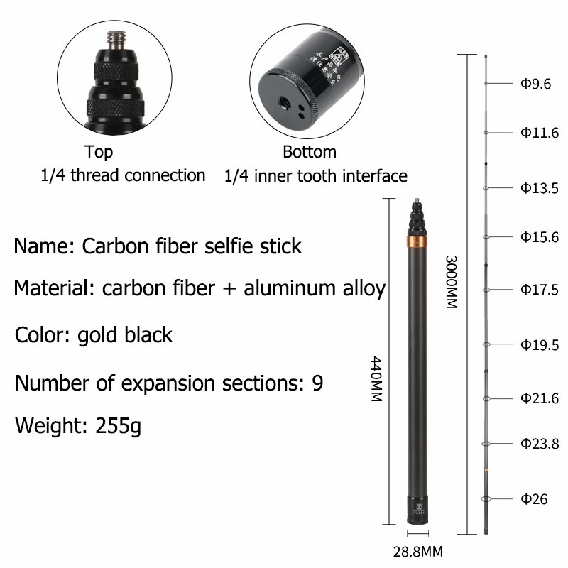 1.5m 2.9M 3M Sợi Carbon Selfie Stick Với 1 / 4 Vít Cho Điện Thoại Di Động Cho GoPro 10 11 12 Cho Insta360 X4 Go3 one X2 X3 ace pro DJI Osmo Action 4 Phụ Kiện Máy Ảnh Thể Thao