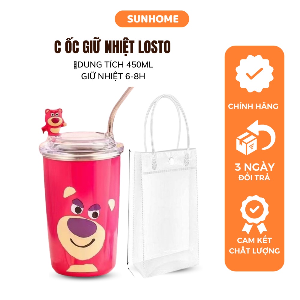 Cốc giữ nhiệt gấu dâu Losto tiện dụng kèm túi và ống hút bằng thép không gỉ, inox 304 cao cấp dung tích 450ml