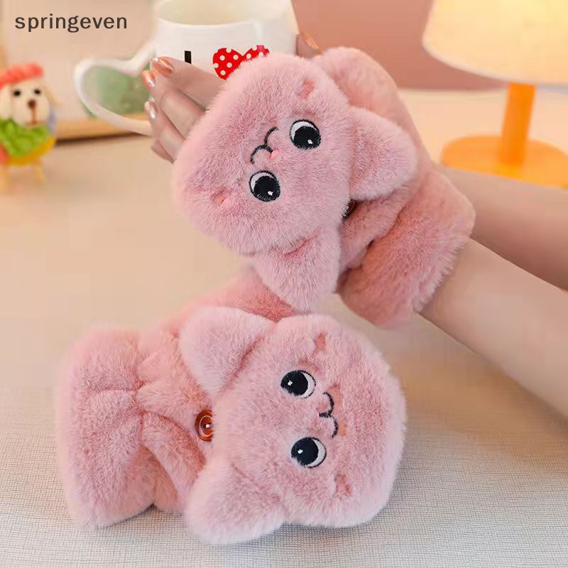 Găng Tay Lông Thỏ Mềm Mại Dày Dặn Ấm Áp Không Ngón Tay Nửa Ngón Dễ Thương Cho Nữ