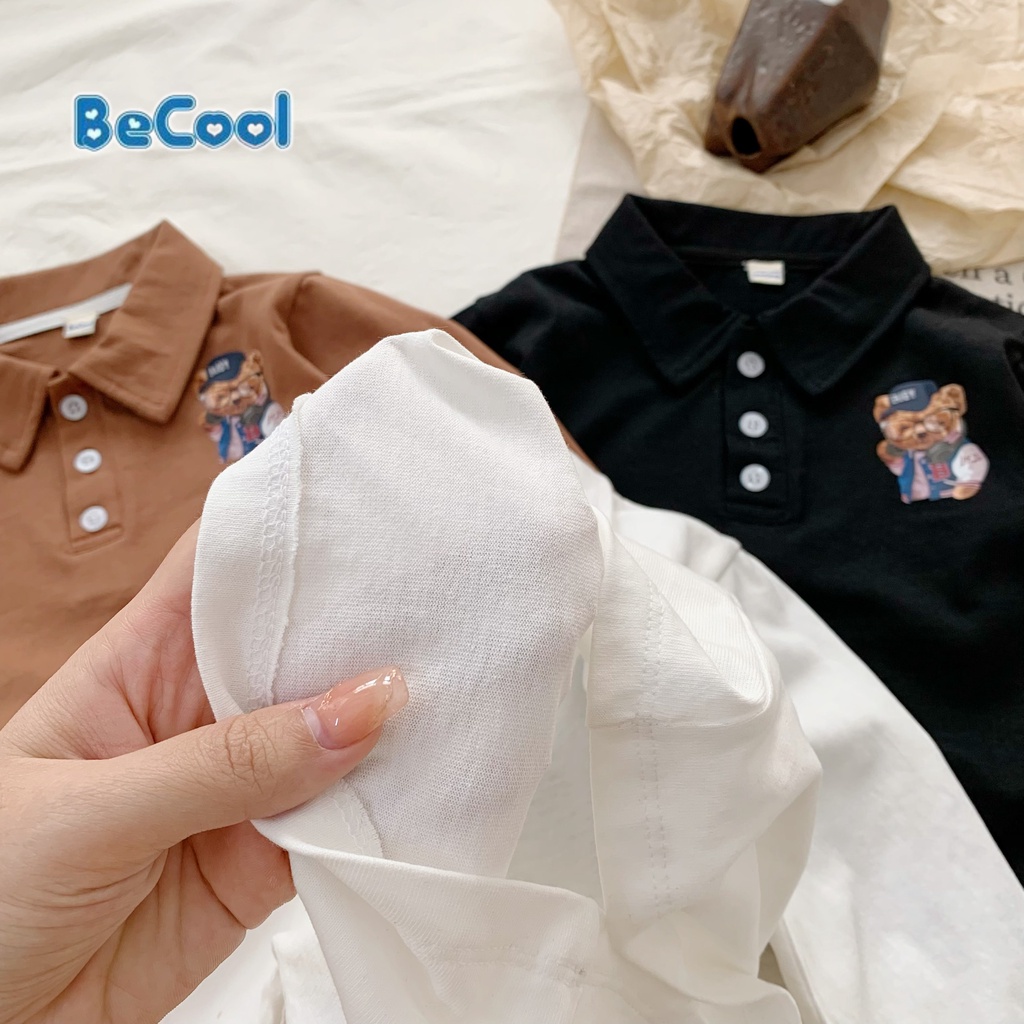 Áo Polo Cổ Bẻ In Hình Chú Gấu Cho Bé Chất Cotton Khô Cao Cấp BeCool, Áo Dài Tay Thu Đông Cho Bé Từ 10-27kg