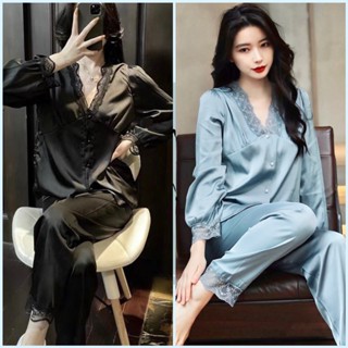 Đồ bộ tiểu thư cổ V ren nút ngọc chất liệu latin siêu xinh